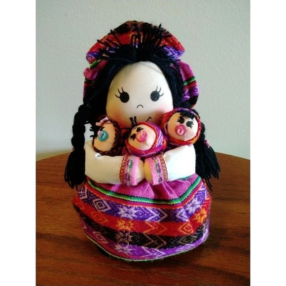Handmade Peruvian Doll (3) Babies Papoose Colorful Ethnic Dress Purple Red Black - Picture 1 of 8